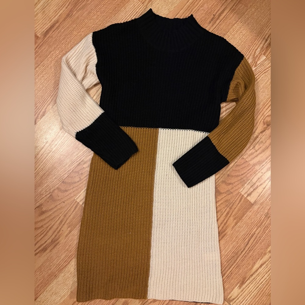 Venus Colorblock Sweater Dress in Black, Cream & Brown Size Medium - Picture 2 of 11